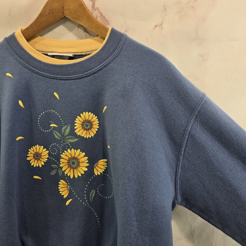 Vintage Sweatshirt Womens XL Blue Sunflower Granny 90s Pullover Crewneck Flower - Picture 11 of 12